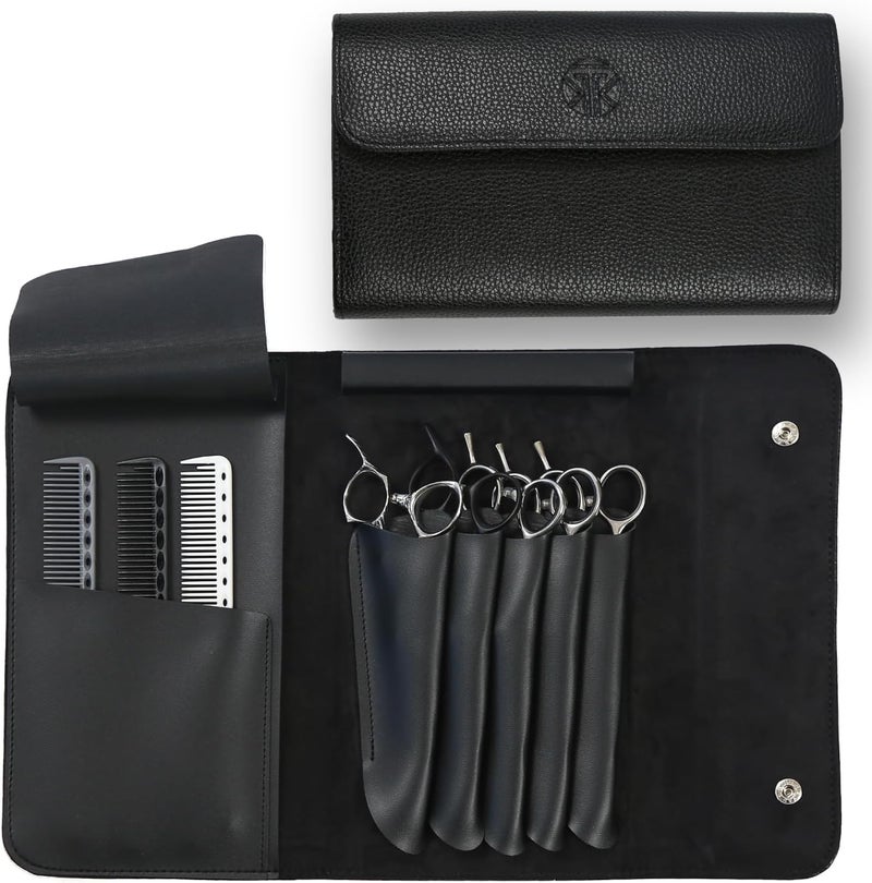 Tokko Katana Professional Shear Case – Black Textured Leatherette 5-Slot Holder for Hair Cutting Shears, Scissors & Combs – Snap Closure, Portable & Protective Folding Pouch for Stylists & Barbers - Image 1